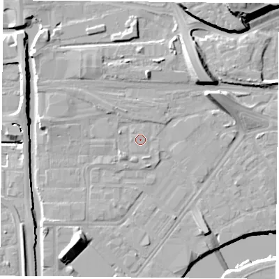 Shaded relief map of the ground around NG23JH, computed from Environment Agency LiDAR. The ground here sits at about 25 m above sea level and falls 22 m across the surrounding 800 m. The ground contributing surface water to this point lies to the north-west.