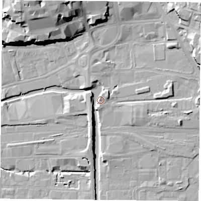 Shaded relief map of the ground around NG23JL, computed from Environment Agency LiDAR. The ground here sits at about 27 m above sea level and falls 27 m across the surrounding 800 m. Surface water reaching this point runs off ground lying to the north, 5.1 m higher.