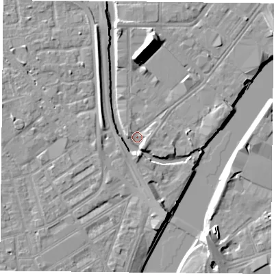 Shaded relief map of the ground around NG23JQ, computed from Environment Agency LiDAR. The ground here sits at about 24 m above sea level and falls 10 m across the surrounding 800 m. Surface water reaching this point runs off ground lying to the east-south-east, 2.4 m higher.