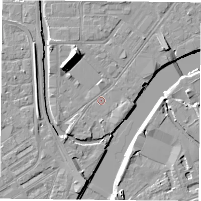 Shaded relief map of the ground around NG23JW, computed from Environment Agency LiDAR. The ground here sits at about 24 m above sea level and falls 13 m across the surrounding 800 m. Surface water reaching this point runs off ground lying to the north-north-west, 8.0 m higher.