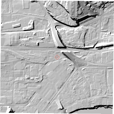 Shaded relief map of the ground around NG23NH, computed from Environment Agency LiDAR. The ground here sits at about 25 m above sea level and falls 25 m across the surrounding 800 m. Surface water reaching this point runs off ground lying to the north-east, 8.2 m higher.
