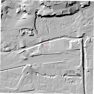Shaded relief map of the ground around NG23NJ, computed from Environment Agency LiDAR. The ground here sits at about 24 m above sea level and falls 27 m across the surrounding 800 m. Surface water reaching this point runs off ground lying to the west-south-west, 2.9 m higher.