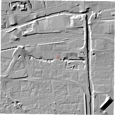 Shaded relief map of the ground around NG23UR, computed from Environment Agency LiDAR. The ground here sits at about 25 m above sea level and falls 11 m across the surrounding 800 m. Surface water reaching this point runs off ground lying to the east-north-east, 9.5 m higher.