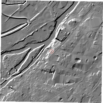Shaded relief map of the ground around NG241BG, computed from Environment Agency LiDAR. The ground here sits at about 15 m above sea level and falls 12 m across the surrounding 800 m. Surface water reaching this point runs off ground lying to the east-south-east, 3.9 m higher.