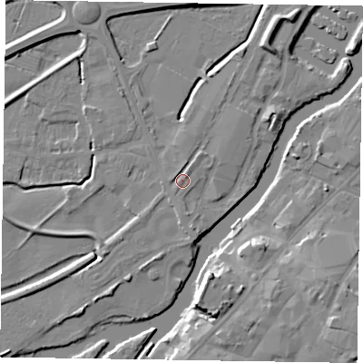 Shaded relief map of the ground around NG241BL, computed from Environment Agency LiDAR. The ground here sits at about 12 m above sea level and falls 12 m across the surrounding 800 m. Surface water reaching this point runs off ground lying to the north-east, 0.8 m higher.