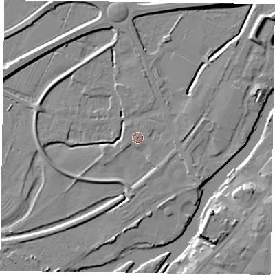 Shaded relief map of the ground around NG241BS, computed from Environment Agency LiDAR. The ground here sits at about 11 m above sea level and falls 12 m across the surrounding 800 m. Surface water reaching this point runs off ground lying to the east-south-east, 3.2 m higher.