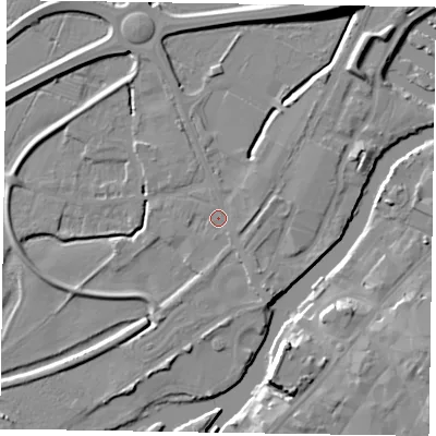 Shaded relief map of the ground around NG241BT, computed from Environment Agency LiDAR. The ground here sits at about 12 m above sea level and falls 12 m across the surrounding 800 m. Surface water reaching this point runs off ground lying to the north-north-east, 10.0 m higher.