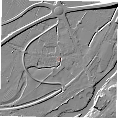 Shaded relief map of the ground around NG241BU, computed from Environment Agency LiDAR. The ground here sits at about 11 m above sea level and falls 12 m across the surrounding 800 m. Surface water reaching this point runs off ground lying to the east-south-east, 4.1 m higher.