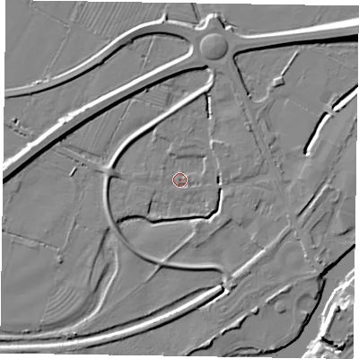 Shaded relief map of the ground around NG241BX, computed from Environment Agency LiDAR. The ground here sits at about 11 m above sea level and falls 12 m across the surrounding 800 m. Surface water reaching this point runs off ground lying to the east-south-east, 4.1 m higher.