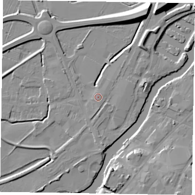 Shaded relief map of the ground around NG241BY, computed from Environment Agency LiDAR. The ground here sits at about 12 m above sea level and falls 13 m across the surrounding 800 m. Surface water reaching this point runs off ground lying to the south-south-west, 1.3 m higher.
