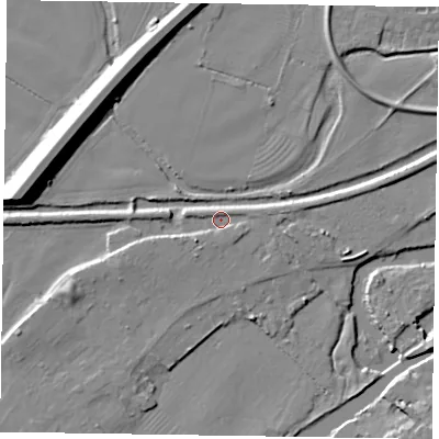 Shaded relief map of the ground around NG241BZ, computed from Environment Agency LiDAR. The ground here sits at about 12 m above sea level and falls 12 m across the surrounding 800 m. Surface water reaching this point runs off ground lying to the south-east, 1.7 m higher.