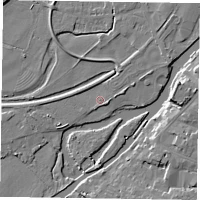 Shaded relief map of the ground around NG241DB, computed from Environment Agency LiDAR. The ground here sits at about 11 m above sea level and falls 12 m across the surrounding 800 m. Surface water reaching this point runs off ground lying to the west, 2.8 m higher.