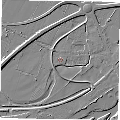 Shaded relief map of the ground around NG241DF, computed from Environment Agency LiDAR. The ground here sits at about 11 m above sea level and falls 8 m across the surrounding 800 m. Surface water reaching this point runs off ground lying to the east-south-east, 4.1 m higher.