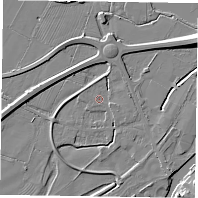 Shaded relief map of the ground around NG241DG, computed from Environment Agency LiDAR. The ground here sits at about 11 m above sea level and falls 12 m across the surrounding 800 m. Surface water reaching this point runs off ground lying to the south-east, 4.1 m higher.