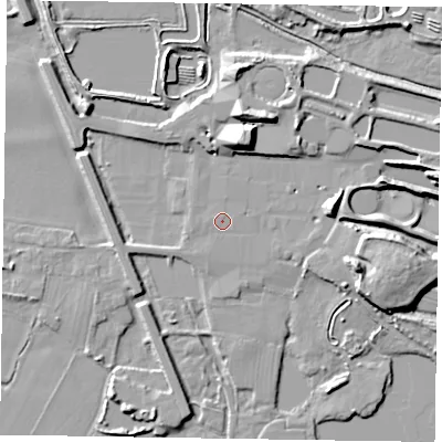 Shaded relief map of the ground around NG241DL, computed from Environment Agency LiDAR. The ground here sits at about 11 m above sea level and falls 12 m across the surrounding 800 m. Surface water reaching this point runs off ground lying to the north-north-east, 10.1 m higher.