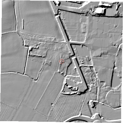 Shaded relief map of the ground around NG241DP, computed from Environment Agency LiDAR. The ground here sits at about 12 m above sea level and falls 12 m across the surrounding 800 m. Surface water reaching this point runs off ground lying to the west-south-west, 1.3 m higher.