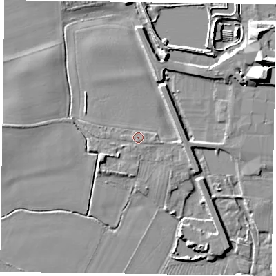 Shaded relief map of the ground around NG241DW, computed from Environment Agency LiDAR. The ground here sits at about 11 m above sea level and falls 12 m across the surrounding 800 m. Surface water reaching this point runs off ground lying to the south, 1.1 m higher.
