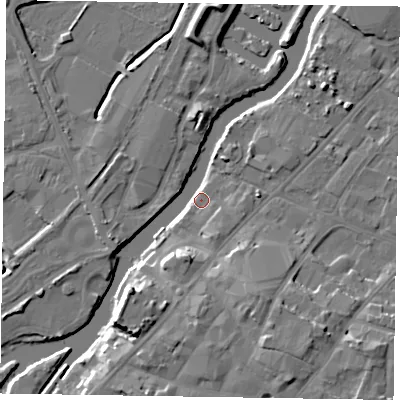 Shaded relief map of the ground around NG241ET, computed from Environment Agency LiDAR. The ground here sits at about 11 m above sea level and falls 12 m across the surrounding 800 m. Surface water reaching this point runs off ground lying to the south-south-east, 10.8 m higher.