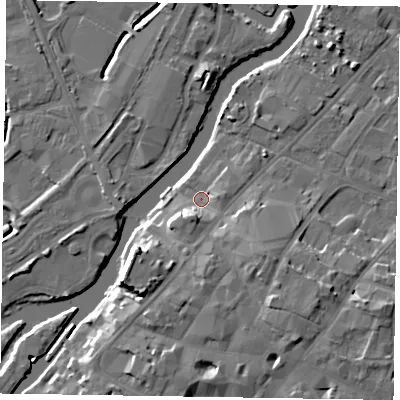 Shaded relief map of the ground around NG241EU, computed from Environment Agency LiDAR. The ground here sits at about 12 m above sea level and falls 12 m across the surrounding 800 m. Surface water reaching this point runs off ground lying to the south-south-west, 5.7 m higher.