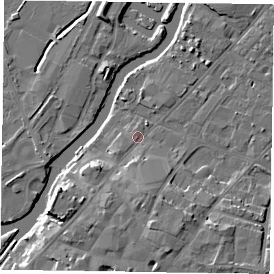 Shaded relief map of the ground around NG241EX, computed from Environment Agency LiDAR. The ground here sits at about 12 m above sea level and falls 12 m across the surrounding 800 m. Surface water reaching this point runs off ground lying to the south, 7.8 m higher.