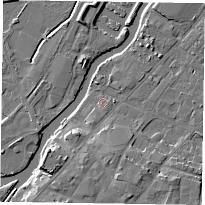 Shaded relief map of the ground around NG241EY, computed from Environment Agency LiDAR. The ground here sits at about 11 m above sea level and falls 12 m across the surrounding 800 m. Surface water reaching this point runs off ground lying to the south, 1.4 m higher.