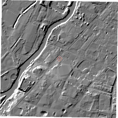 Shaded relief map of the ground around NG241EZ, computed from Environment Agency LiDAR. The ground here sits at about 12 m above sea level and falls 12 m across the surrounding 800 m. Surface water reaching this point runs off ground lying to the south, 7.8 m higher.