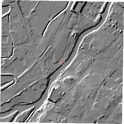 Shaded relief map of the ground around NG241FB, computed from Environment Agency LiDAR. The ground here sits at about 11 m above sea level and falls 12 m across the surrounding 800 m. Surface water reaching this point runs off ground lying to the south-west, 3.0 m higher.