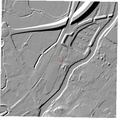 Shaded relief map of the ground around NG241FD, computed from Environment Agency LiDAR. The ground here sits at about 12 m above sea level and falls 15 m across the surrounding 800 m. Surface water reaching this point runs off ground lying to the south-south-east, 2.6 m higher.