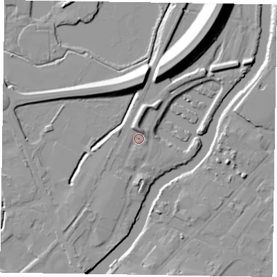 Shaded relief map of the ground around NG241FE, computed from Environment Agency LiDAR. The ground here sits at about 12 m above sea level and falls 15 m across the surrounding 800 m. Surface water reaching this point runs off ground lying to the north-north-west, 3.9 m higher.
