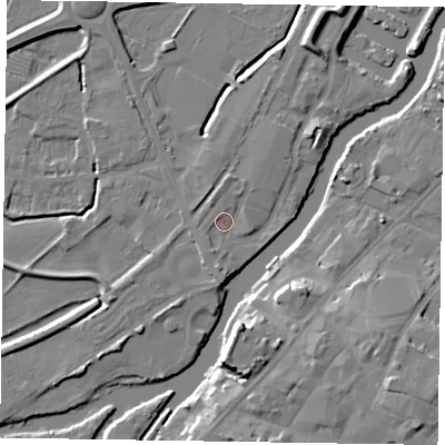 Shaded relief map of the ground around NG241FF, computed from Environment Agency LiDAR. The ground here sits at about 11 m above sea level and falls 12 m across the surrounding 800 m. Surface water reaching this point runs off ground lying to the south-south-west, 2.1 m higher.