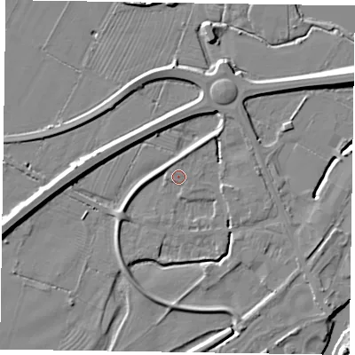 Shaded relief map of the ground around NG241FH, computed from Environment Agency LiDAR. The ground here sits at about 11 m above sea level and falls 12 m across the surrounding 800 m. Surface water reaching this point runs off ground lying to the south-east, 4.1 m higher.