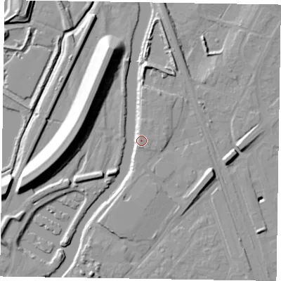 Shaded relief map of the ground around NG241FR, computed from Environment Agency LiDAR. The ground here sits at about 15 m above sea level and falls 16 m across the surrounding 800 m. Surface water reaching this point runs off ground lying to the west-south-west, 7.4 m higher.