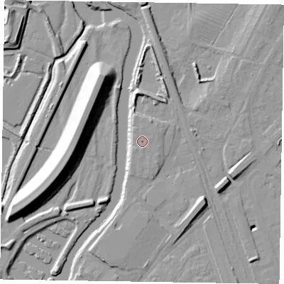 Shaded relief map of the ground around NG241FS, computed from Environment Agency LiDAR. The ground here sits at about 14 m above sea level and falls 17 m across the surrounding 800 m. Surface water reaching this point runs off ground lying to the south-west, 1.0 m higher.