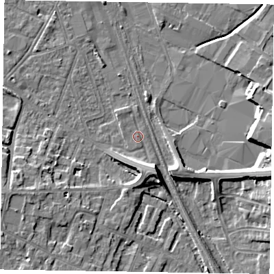 Shaded relief map of the ground around NG241FU, computed from Environment Agency LiDAR. The ground here sits at about 12 m above sea level and falls 12 m across the surrounding 800 m. Surface water reaching this point runs off ground lying to the north-west, 0.7 m higher.