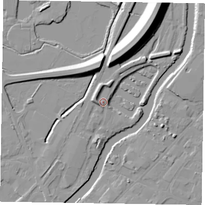 Shaded relief map of the ground around NG241FW, computed from Environment Agency LiDAR. The ground here sits at about 12 m above sea level and falls 15 m across the surrounding 800 m. Surface water reaching this point runs off ground lying to the west-north-west, 4.0 m higher.