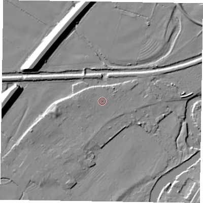 Shaded relief map of the ground around NG241GB, computed from Environment Agency LiDAR. The ground here sits at about 13 m above sea level and falls 12 m across the surrounding 800 m. Surface water reaching this point runs off ground lying to the west-north-west, 1.5 m higher.