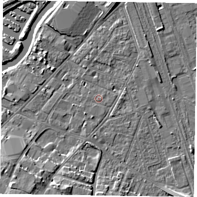 Shaded relief map of the ground around NG241GF, computed from Environment Agency LiDAR. The ground here sits at about 12 m above sea level and falls 12 m across the surrounding 800 m. Surface water reaching this point runs off ground lying to the south-south-east, 0.6 m higher.