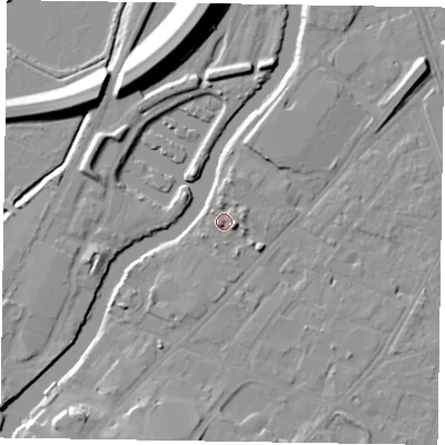 Shaded relief map of the ground around NG241GJ, computed from Environment Agency LiDAR. The ground here sits at about 12 m above sea level and falls 15 m across the surrounding 800 m. Surface water reaching this point runs off ground lying to the east-south-east, 3.7 m higher.