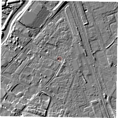 Shaded relief map of the ground around NG241GL, computed from Environment Agency LiDAR. The ground here sits at about 12 m above sea level and falls 12 m across the surrounding 800 m. Surface water reaching this point runs off ground lying to the east-north-east, 1.5 m higher.