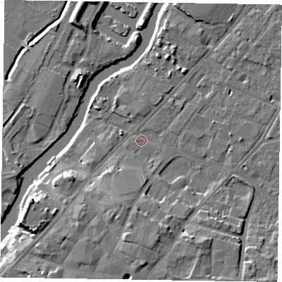 Shaded relief map of the ground around NG241HB, computed from Environment Agency LiDAR. The ground here sits at about 12 m above sea level and falls 12 m across the surrounding 800 m. Surface water reaching this point runs off ground lying to the south-south-east, 8.1 m higher.