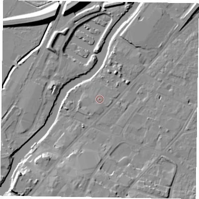 Shaded relief map of the ground around NG241HD, computed from Environment Agency LiDAR. The ground here sits at about 12 m above sea level and falls 13 m across the surrounding 800 m. Surface water reaching this point runs off ground lying to the south-east, 0.5 m higher.