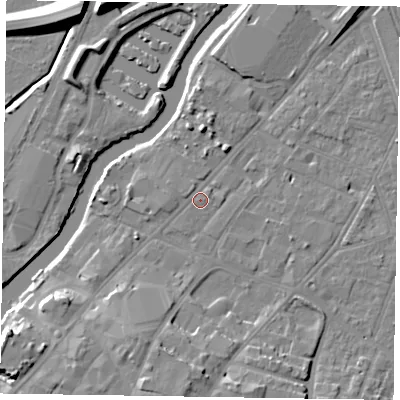 Shaded relief map of the ground around NG241HE, computed from Environment Agency LiDAR. The ground here sits at about 12 m above sea level and falls 12 m across the surrounding 800 m. Surface water reaching this point runs off ground lying to the east-north-east, 0.7 m higher.