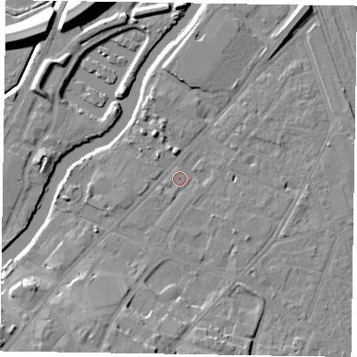 Shaded relief map of the ground around NG241HF, computed from Environment Agency LiDAR. The ground here sits at about 12 m above sea level and falls 13 m across the surrounding 800 m. Surface water reaching this point runs off ground lying to the west-south-west, 1.6 m higher.