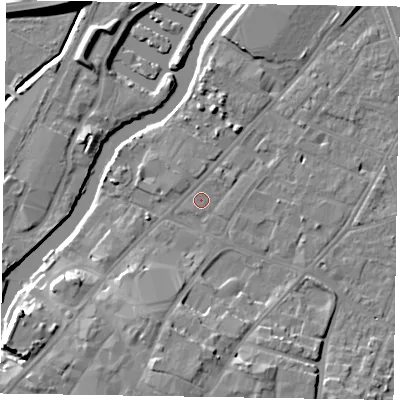 Shaded relief map of the ground around NG241HG, computed from Environment Agency LiDAR. The ground here sits at about 12 m above sea level and falls 12 m across the surrounding 800 m. Surface water reaching this point runs off ground lying to the north-north-east, 0.5 m higher.