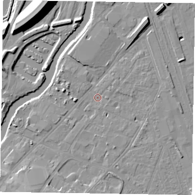 Shaded relief map of the ground around NG241HH, computed from Environment Agency LiDAR. The ground here sits at about 11 m above sea level and falls 15 m across the surrounding 800 m. Surface water reaching this point runs off ground lying to the north-north-east, 7.0 m higher.