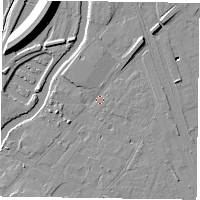 Shaded relief map of the ground around NG241HJ, computed from Environment Agency LiDAR. The ground here sits at about 12 m above sea level and falls 16 m across the surrounding 800 m. Surface water reaching this point runs off ground lying to the north-east, 6.2 m higher.