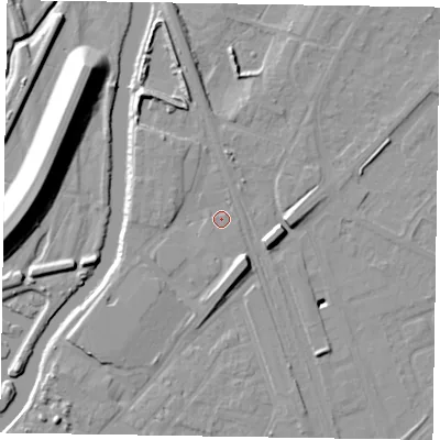 Shaded relief map of the ground around NG241HN, computed from Environment Agency LiDAR. The ground here sits at about 13 m above sea level and falls 16 m across the surrounding 800 m. Surface water reaching this point runs off ground lying to the south, 1.7 m higher.