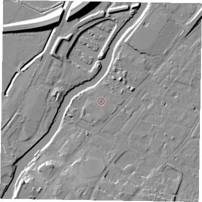 Shaded relief map of the ground around NG241HQ, computed from Environment Agency LiDAR. The ground here sits at about 12 m above sea level and falls 14 m across the surrounding 800 m. Surface water reaching this point runs off ground lying to the south-east, 0.8 m higher.