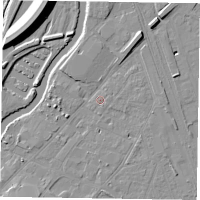 Shaded relief map of the ground around NG241HY, computed from Environment Agency LiDAR. The ground here sits at about 12 m above sea level and falls 16 m across the surrounding 800 m. Surface water reaching this point runs off ground lying to the east, 1.2 m higher.