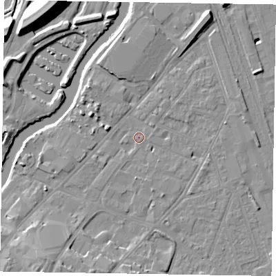 Shaded relief map of the ground around NG241HZ, computed from Environment Agency LiDAR. The ground here sits at about 12 m above sea level and falls 15 m across the surrounding 800 m. Surface water reaching this point runs off ground lying to the north-north-east, 7.2 m higher.